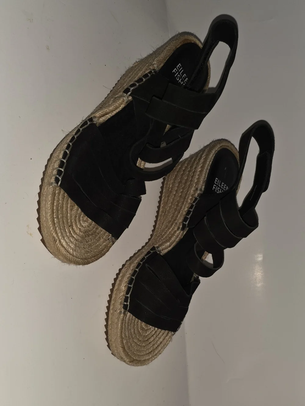 Eileen Fisher SZ 6.5 LARGO Black Woven Espadrille Platform Wedge Sandals